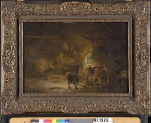 Interieur van een stal met een boer en een paard by Isaac Van Ostade