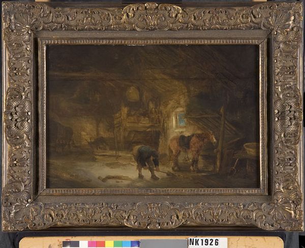 Barn interior with peasant and horse - view 1