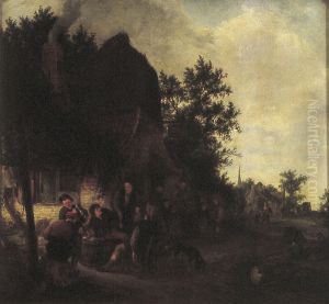 Drinkende boeren voor een herberg