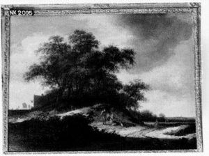 Landschap met grote bomen en rustende reizigers bij een landweg Landschap met grote bomen en rustende reizigers bij een landweg