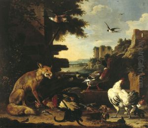 Fox with dead rooster and poultry in a park landscape by Melchior D'Hondecoeter