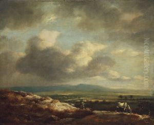 Vergezicht van een heuvelachtig landschap met wit paard Vergezicht van een heuvelachtig landschap met wit paard