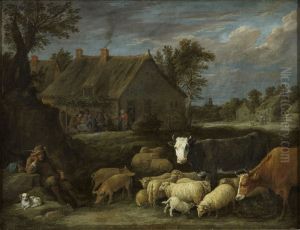 Flock in a village by David Teniers the Younger
