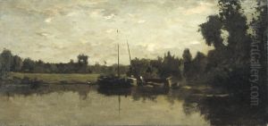 Landschap met schepen op een rivier in de avond by Charles-Francois Daubigny