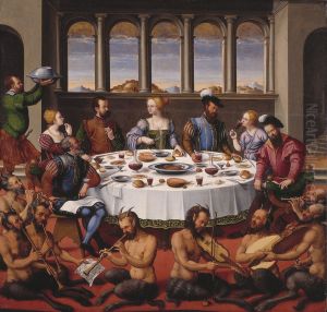 Interior with a company at the table and music-making satyrs