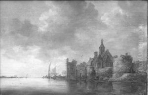 Versterkingen en kerk aan rivier by Jan van Goyen