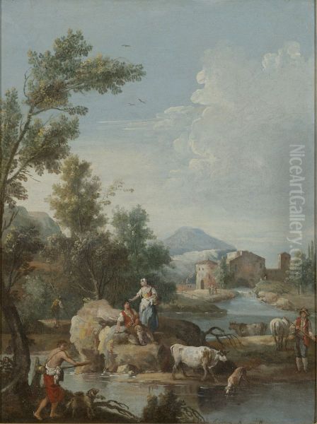 Italian landscape with river, figures and cattle - view 1