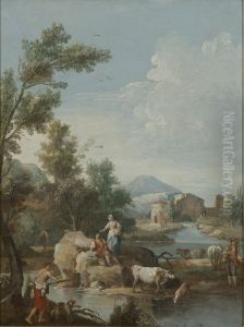 Italian landscape with river, figures and cattle Italian landscape with river, figures and cattle