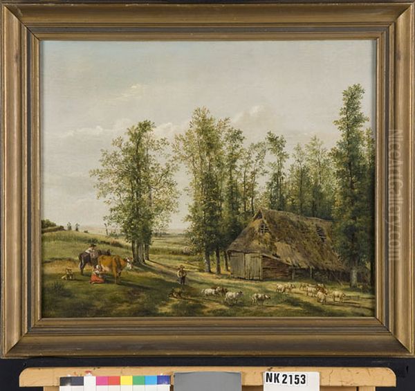 Landschap met een herder en zijn kudde bij een schaapskooi - view 1