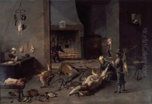 Keukeninterieur met de bereiding van een jachtbuit