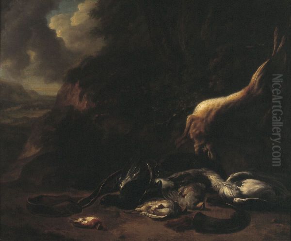 Dead game and hunting tackle in landscape - view 1