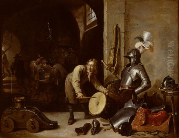 Guardroom interior with a young man with a drum - view 1