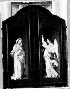 - Aanbidding door de herders (interieur, links) en de Annunciatie (Maria) (exterieur, links)