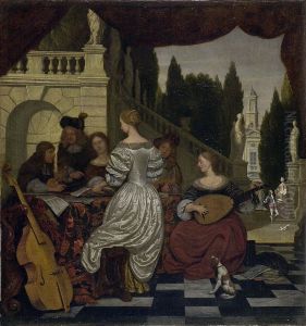 Musical company on a terrace by Michiel van Musscher