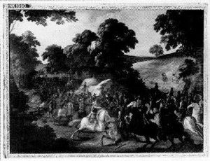 Ruitergevecht in een heuvelig landschap by Sebastiaen Vrancx