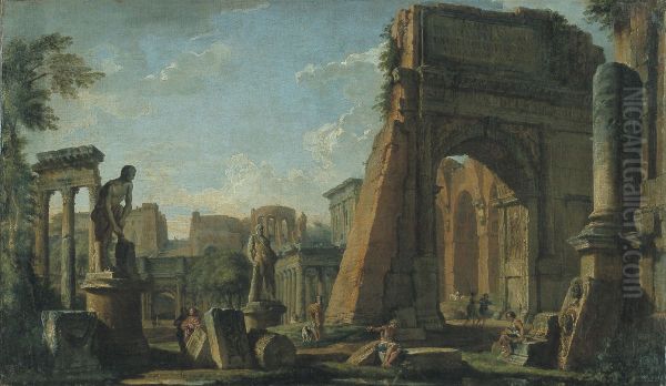 Roman Ruins in landscape with monumental statues and posing figures - view 1