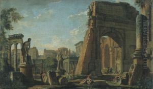 Roman Ruins in landscape with monumental statues and posing figures Roman Ruins in landscape with monumental statues and posing figures