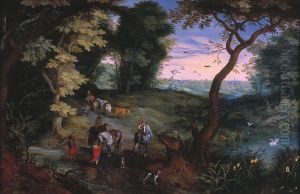 Boslandschap met ruiters en vee