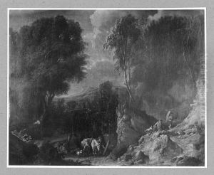 Rocky landscape with travelers by Cornelis Huysmans