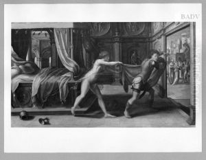 Jozef wegvluchtend van de vrouw van Potifar by Pieter Coecke Van Aelst