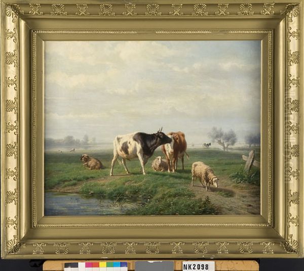 Rivierlandschap met schapen en koeien - view 1