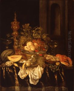 Stilleven met schotel, bokaal , Chinese kom en andere voorwerpen by Abraham Van Beijeren