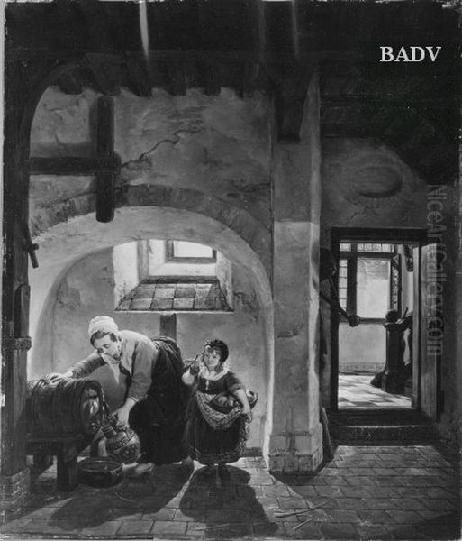 Woman and girl getting wine from the cellar - view 1