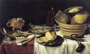 Stilleven met haringen, brood, kazen en rookwaar
