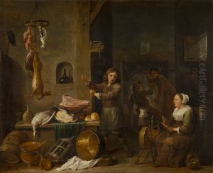 Kitchen interior with a boy and a woman with a table of game by David Teniers the Younger