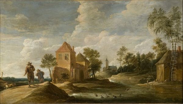 Landschap met twee reizigers en verschillende huizen langs een rivier - view 1