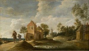 Landschap met twee reizigers en verschillende huizen langs een rivier by David Teniers the Younger