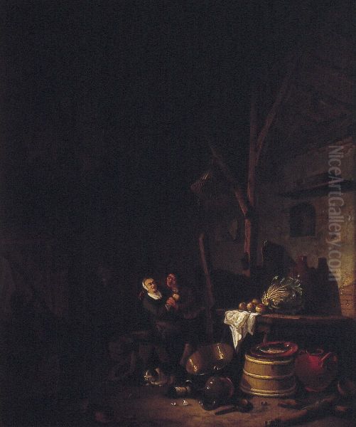 Interieur van een schuur met een boer die een vrouw het hof maakt - view 1