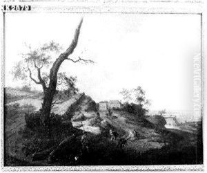 Heuvelig landschap met jagers op een zandweg by Jan Wijnants
