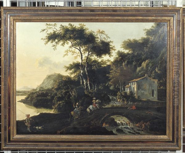 Italian landscape with horsemen on a bridge - view 1