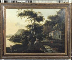Italiaans landschap met ruiters die een brug oversteken