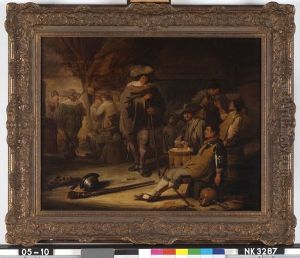 Interieur met drinkende soldaten bij kaartspel by Benjamin Gerritsz Cuyp