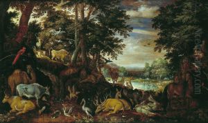 Boslandschap met dieren by Roelant Savery