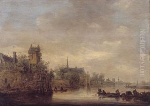 Ommuurde stad aan een rivier by Jan van Goyen