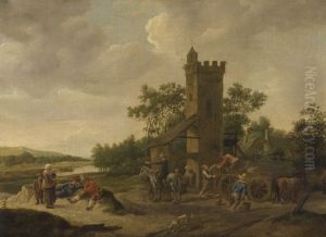 River landscape with figures and a wagon near a tower