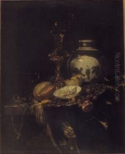 Stilleven met bekerschroef, roemer en dekselpot by Willem Kalf