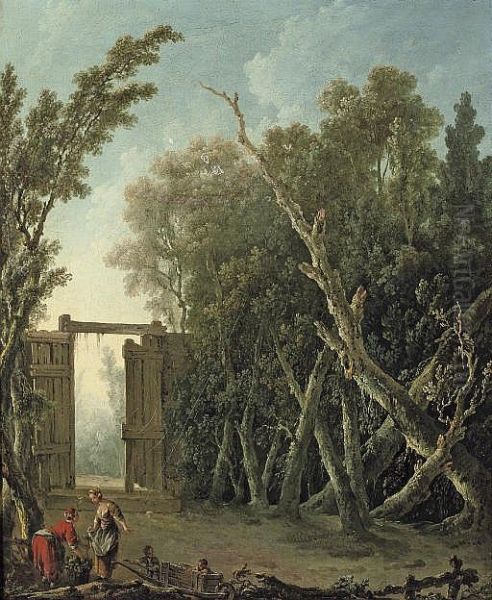 A wooded garden with a gate and figures in the foreground - view 1