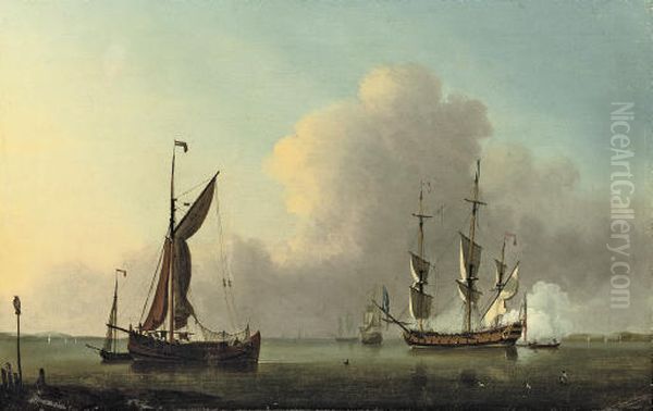 Ships in a calm sea off the coast with a man o' war firing the morning gun - view 1