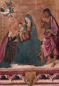 Mythische Verlobung der hl. Katharina, rechts Johannes d.T. by Master Of The Liverpool Madonna