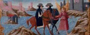 Predella: Ein Engel beschutzt zwei Dominikaner-Monche auf ihrer Reise by Neri di Bicciand workshop