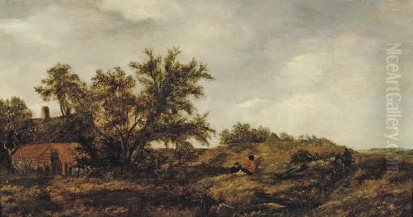 An extensive dune landscape with figures resting, a cottage nearby - view 1
