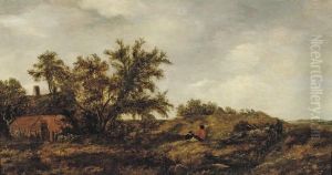 An extensive dune landscape with figures resting, a cottage nearby by Pieter van Asch