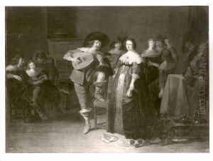 Elegant company playing music in an interior by Anthonie Palamedesz.