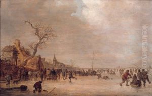 Winter landscape with skaters near an inn by Jan van Goyen