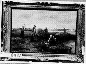 Hooitijd op Marken - Marker vrouwen aan het werk op hooiland aan een vaart Hooitijd op Marken - Marker vrouwen aan het werk op hooiland aan een vaart