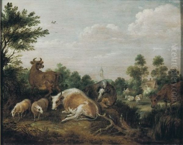 Kuhe und Schafe in einer Landschaft - view 1